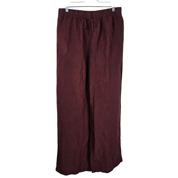 H&M Linen Wide-Leg Pants L Pull On Burgundy High Waist Coastal Lagenlook Scandi - Picture 1 of 12
